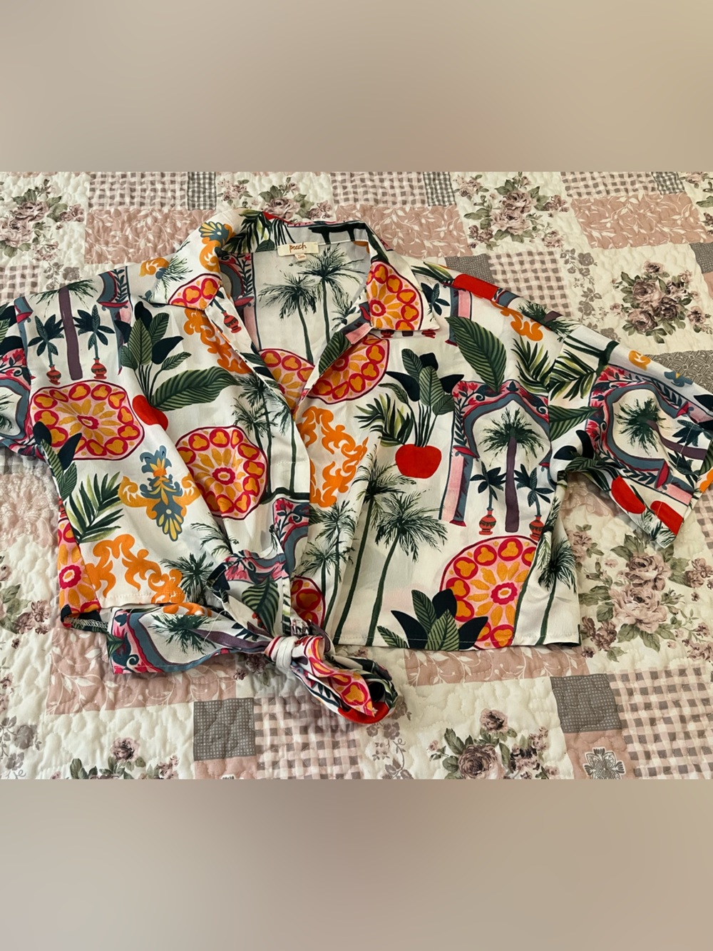 Tropical Print Tie-Front Crop Shirt in White, Orange & Green